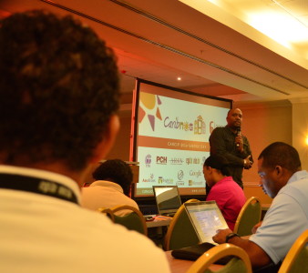 Junior Mc Intyre, CARCIP CTU project coordinator, speaking at CaribNOG 8-LACNIC in the Caribbean 6, Curacao, October 1, 2014. Photo: Gerard Best